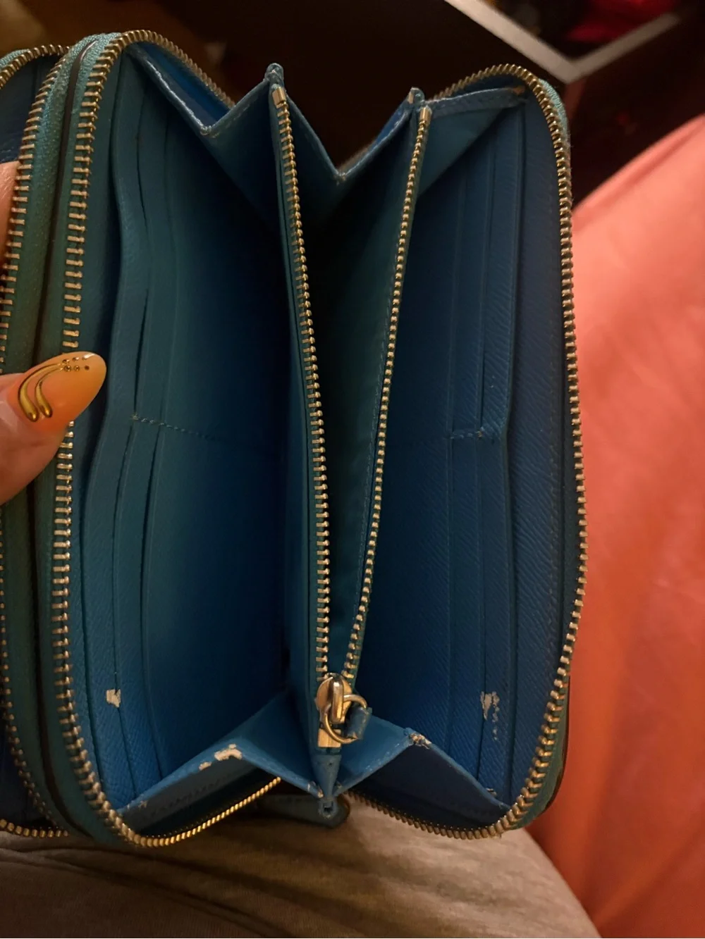 Coach Teal Leather Zip Wristlet Wallet with Gold Hardware